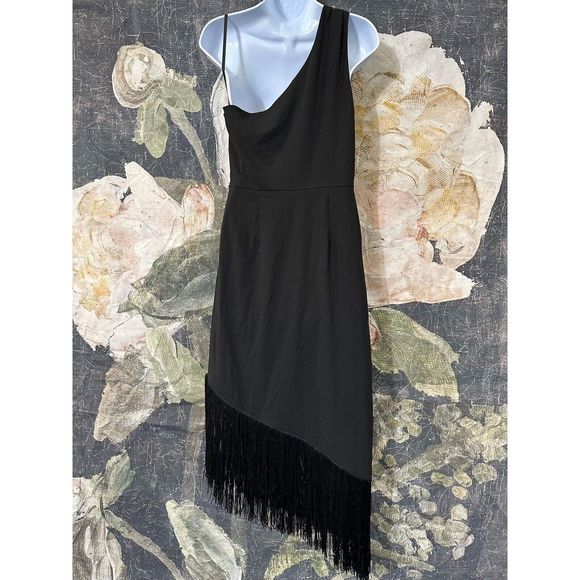 New Anthropologie HutchNWT Fringed Fringe One-Shoulder Midi Dress Black Size S - Picture 6 of 7